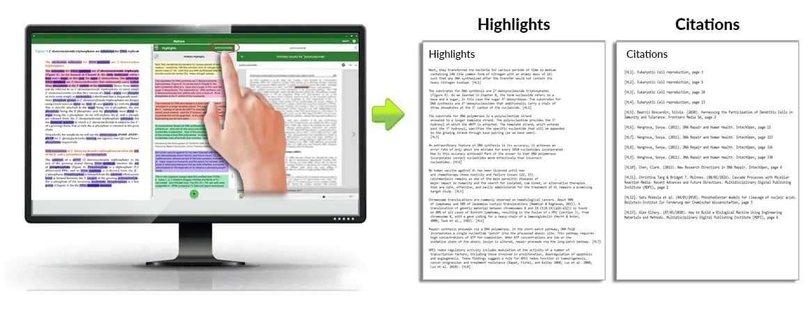 A highlighted article on a MyDocs screen becoming a Highlights list and an auto-generated Citations list