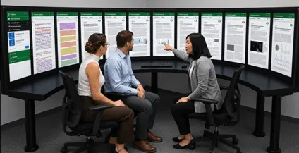 Researchers using a MyDocs collaboration system of large touchscreens in a circular arc