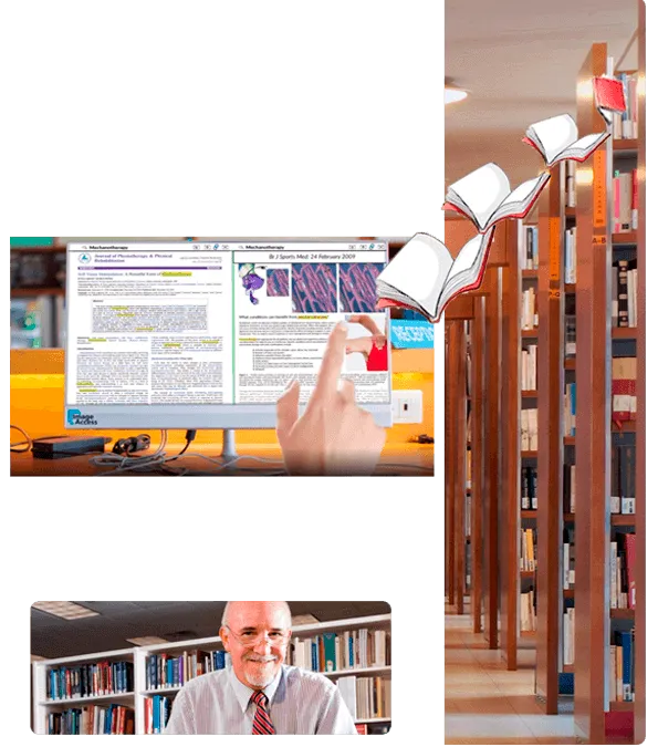 A researcher using HotLinks on a wide monitor beside the library stacks